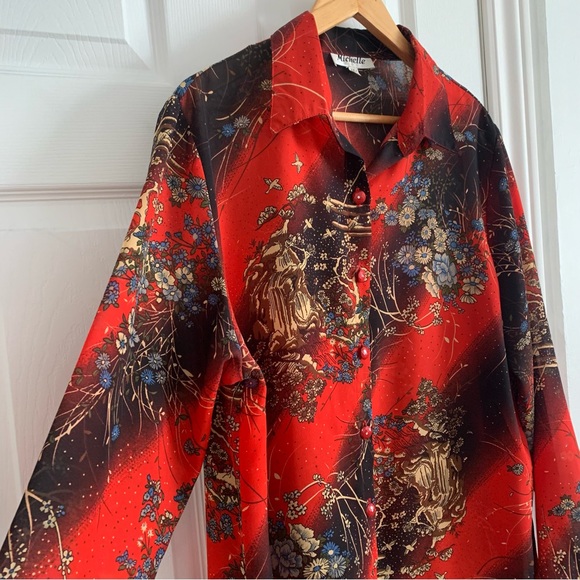 Vintage Red Patterned Button Front Blouse - Picture 7 of 10